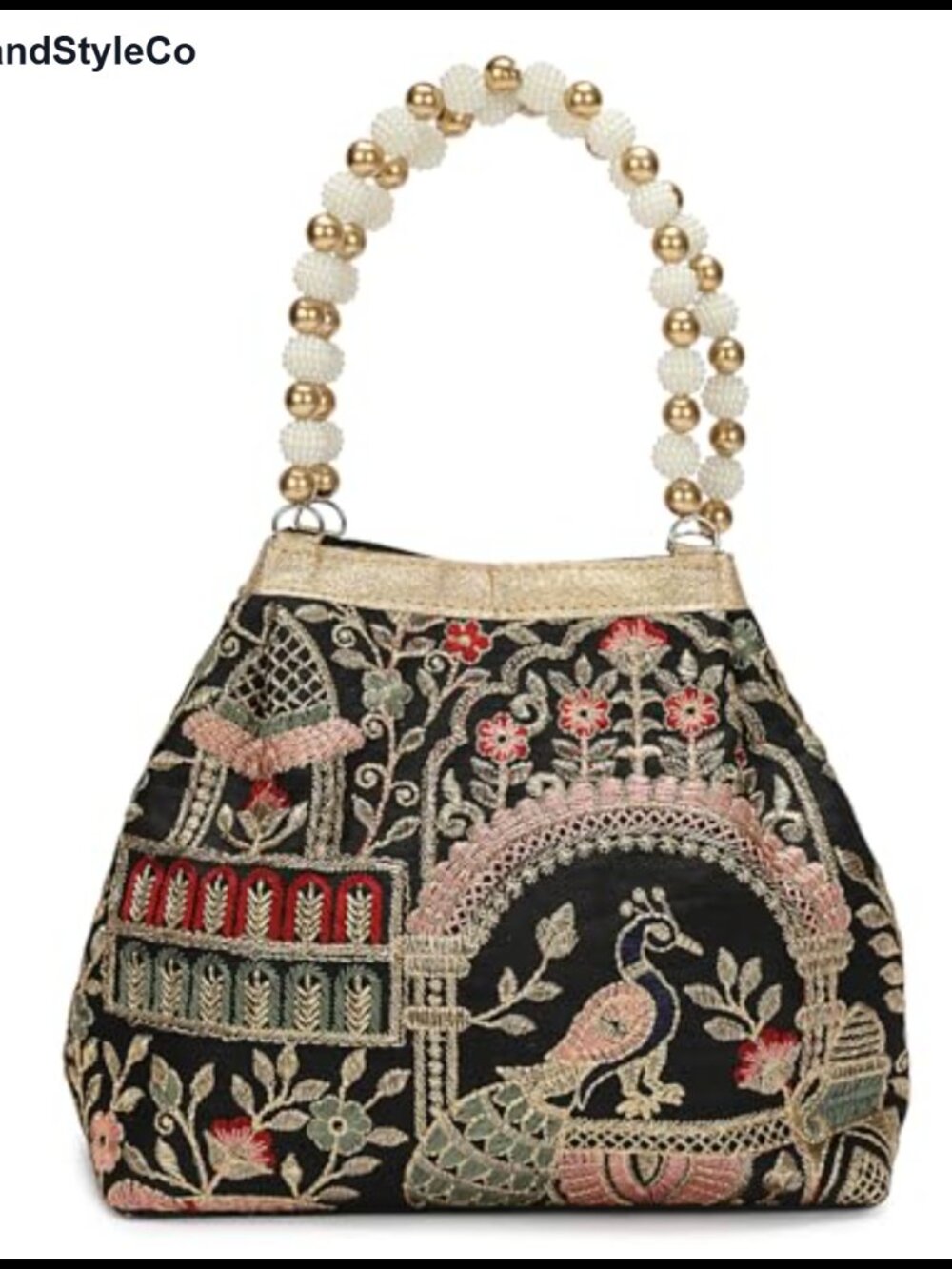 Silk Brocade Embroidered Evening Bag Pearl Beaded Handle Potli Purse